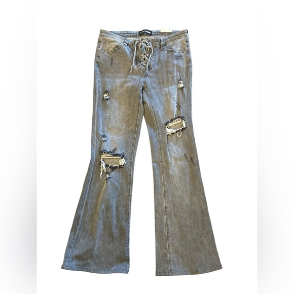 Fashion Nova Lace up Bell Bottom Flare Jeans Distressed Faded Gray 11 NWT - Picture 1 of 13